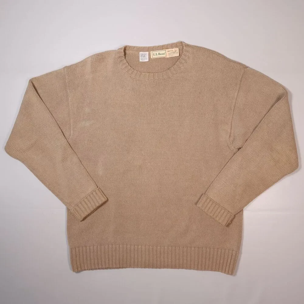 Vintage L.L. Bean Ribbed Crewneck Sweater Beige Cotton Men's Size Large